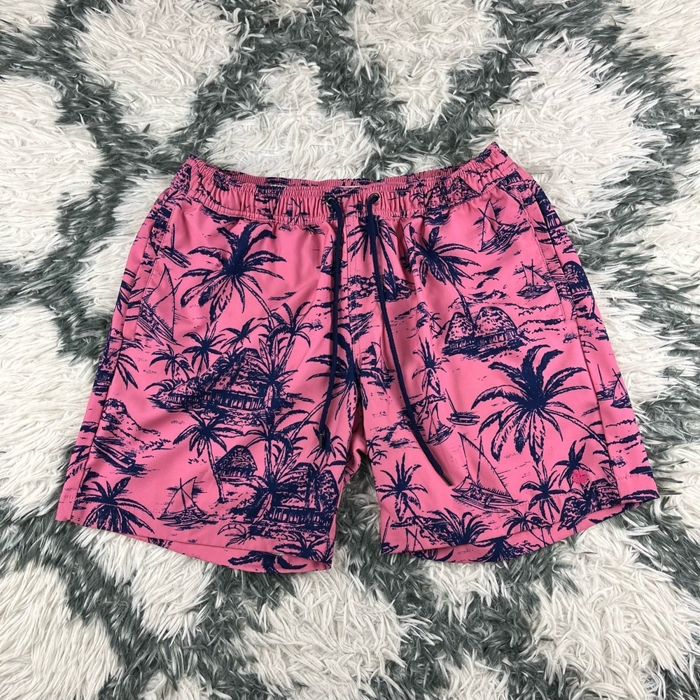 Lucky Brand Men's Pink Blue Swim Trunks Palm Trees Size Small
